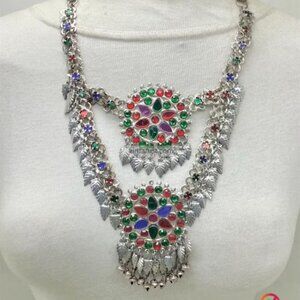 Vintage Double Layered Tribal Necklace, Silver Kuchi Chain Pendants